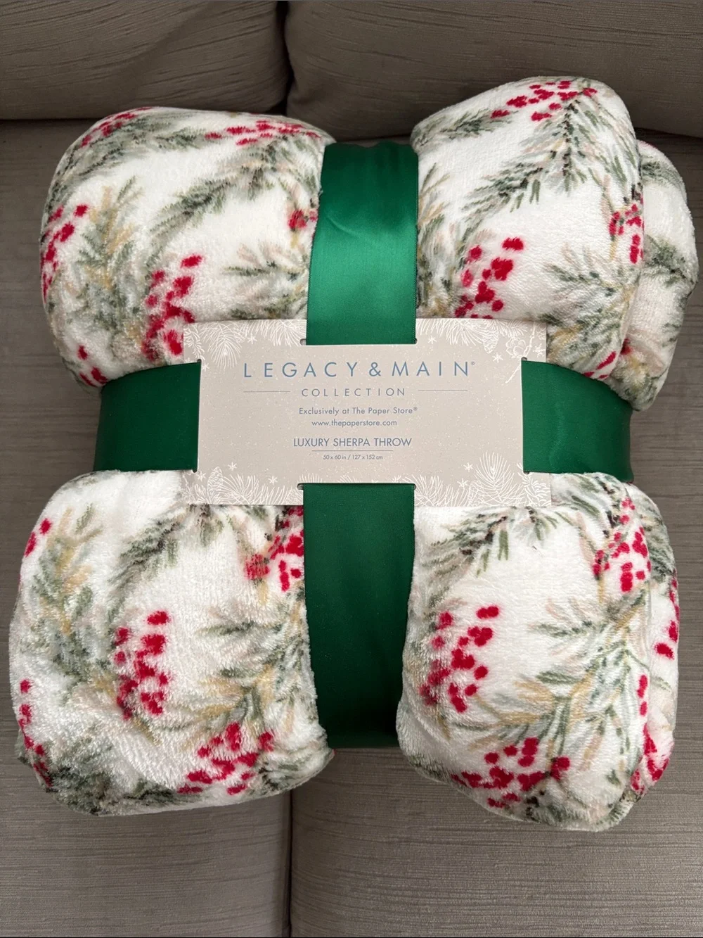 Legacy & Main White Sherpa Throw with Red Berry and Green Pine Print